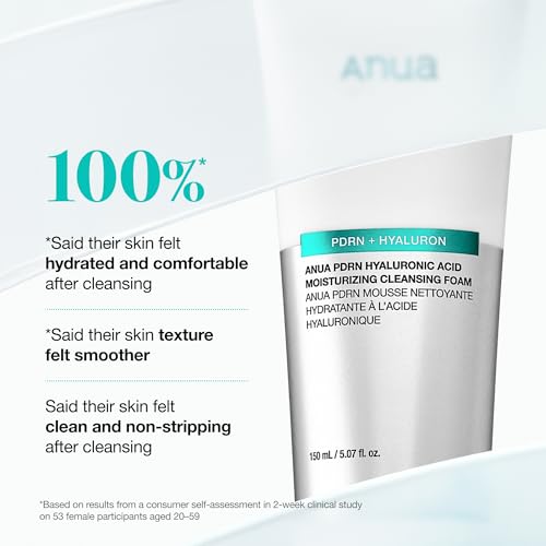 Anua PDRN Hyaluronic Acid Moisturizing Cleansing Foam, 5.07 fl oz | Daily Gentle Face Wash for Dry Skin, Salmon DNA Hydrating & Soft Facial Cleanser, Barrier Repair & Glow Glass Skin