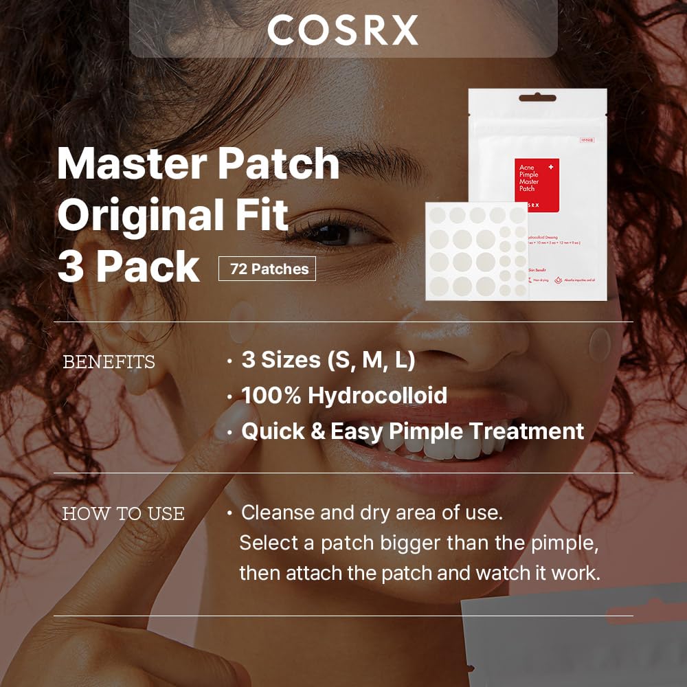 COSRX Acne Pimple Patches Absorbing Hydrocolloid Spot, 3 Size (72 Count) | Pimple Stickers for Blemishes and Zits Cover, Absorbs Zits & Blemish, Spot Stickers for Face and Body, Korean Skin Care