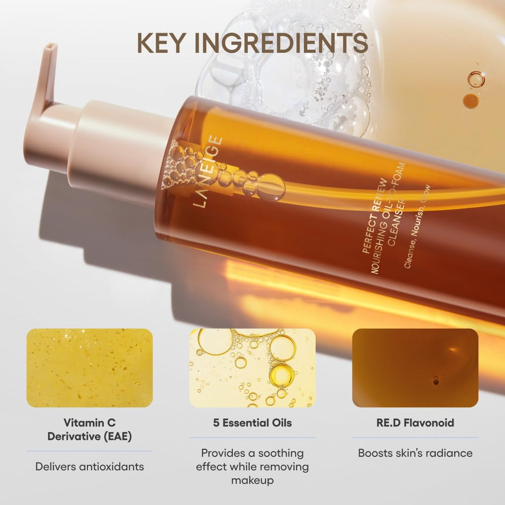 LANEIGE Perfect Renew Nourishing Oil-to-Foam Cleanser: 2-in-1 Anti-Aging Face Wash for a Radiant Glow to Remove Makeup, Sunscreen, & Impurities
