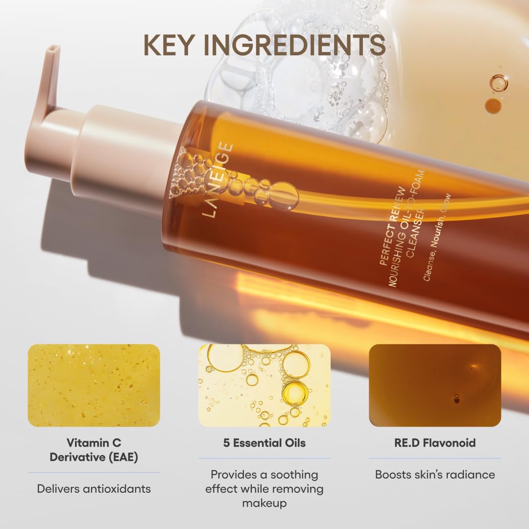 LANEIGE Perfect Renew Nourishing Oil-to-Foam Cleanser: 2-in-1 Anti-Aging Face Wash for a Radiant Glow to Remove Makeup, Sunscreen, & Impurities