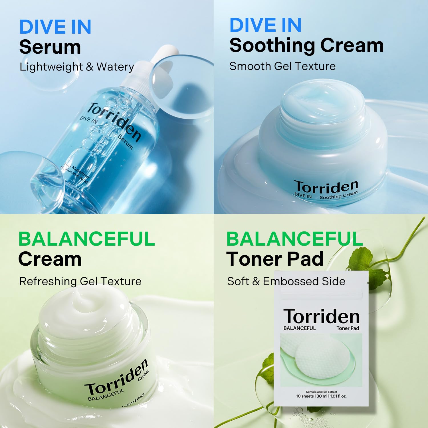 Torriden Softly Hydration Heroes DIVE IN Serum 1.69 fl.oz.+DIVE IN Soothing Cream 3.38 fl.oz+BALANCEFUL Cream 2.70 fl.oz.+BALANCEFUL Toner Pad 10 sheets | Korean Skincare Set for Hydration & Calming