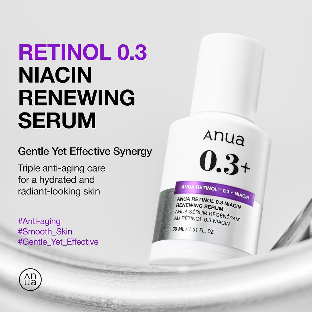Anua Retinol Serum for Smooth & Renewed Texture, 1.01 fl oz | 0.3% Retinol, 5% Niacinamide, Hydration & Glass Skin, Gentle for Beginners, Korean Skincare