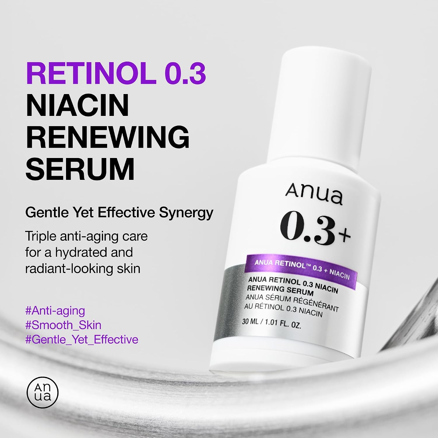 Anua Retinol Serum for Smooth & Renewed Texture, 1.01 fl oz | 0.3% Retinol, 5% Niacinamide, Hydration & Glass Skin, Gentle for Beginners, Korean Skincare
