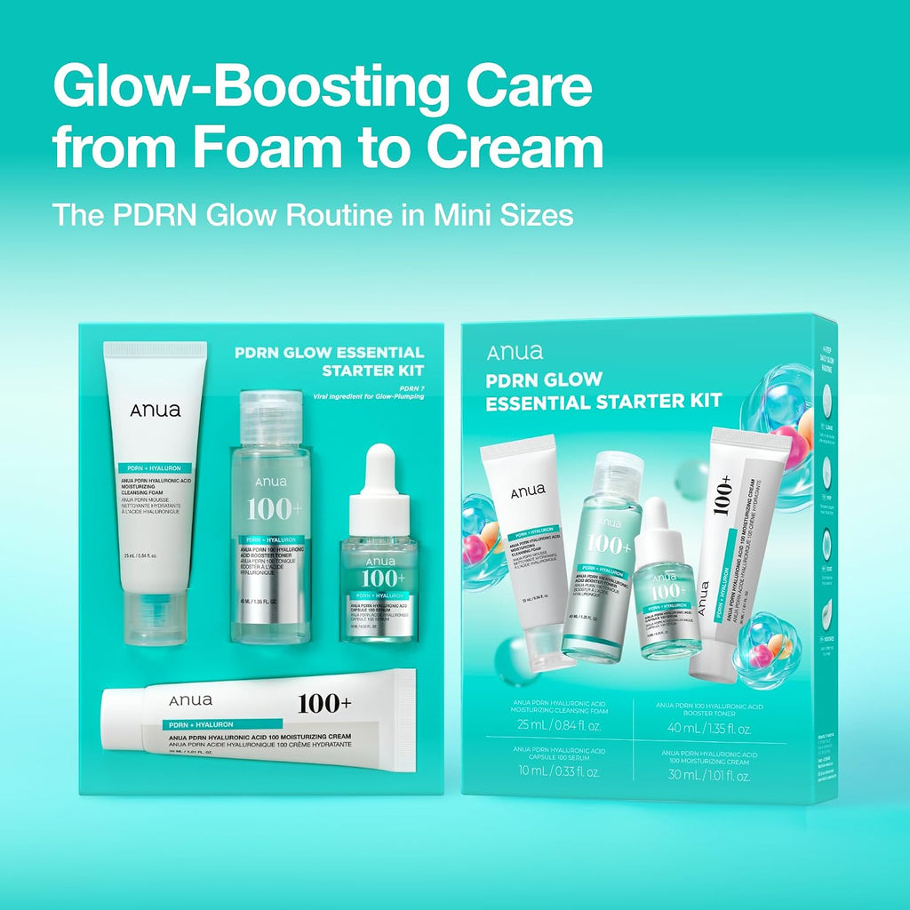 Anua Salmon DNA PDRN Glow Essential Starter Kit | Hyaluronic Acid Skincare Set, Glass Skin Routine with Firming & Hydrating Cleanser, Toner, Serum & Cream, Korean Skincare
