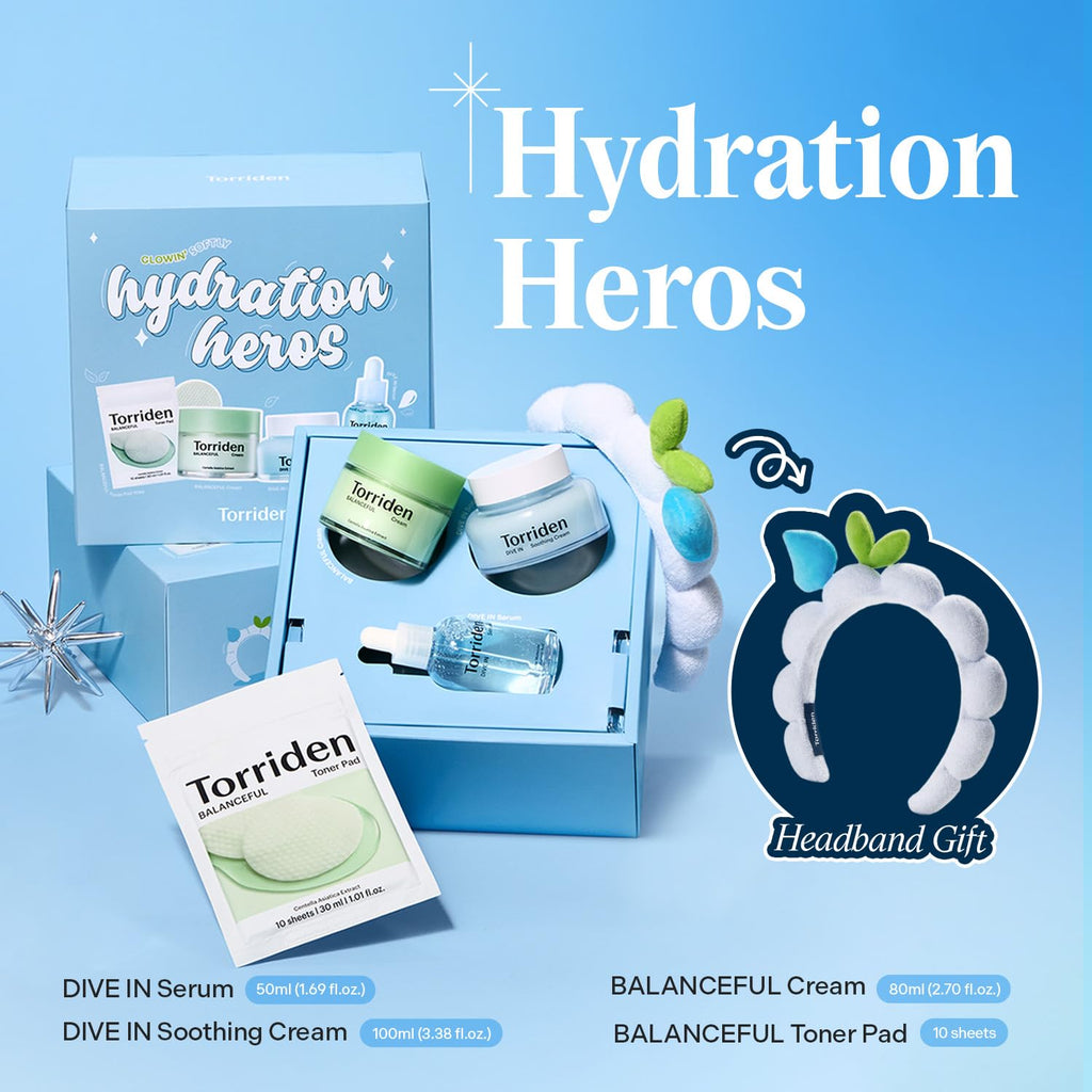 Torriden Softly Hydration Heroes DIVE IN Serum 1.69 fl.oz.+DIVE IN Soothing Cream 3.38 fl.oz+BALANCEFUL Cream 2.70 fl.oz.+BALANCEFUL Toner Pad 10 sheets | Korean Skincare Set for Hydration & Calming