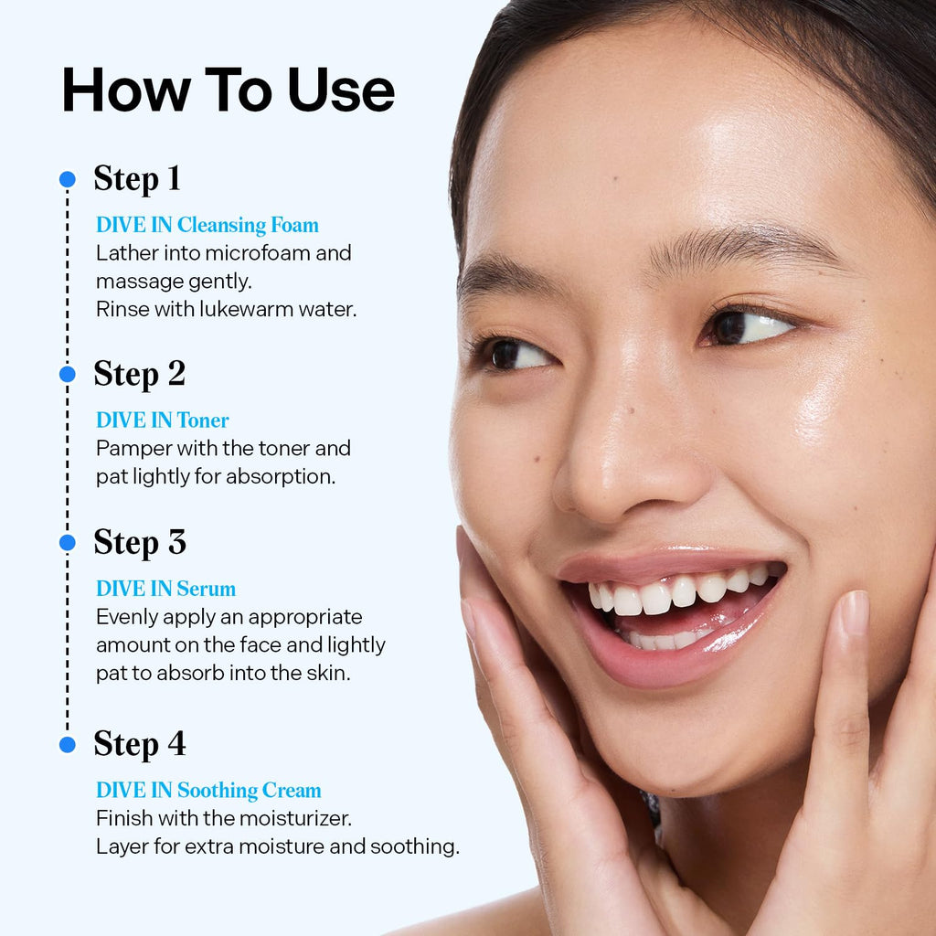 Torriden DIVE IN Trial Kit | Hyaluronic Acid Infused Daily Skincare Kit - 4 Step Regimen with Foam Cleanser, Facial Toner, Serum, and Cream | Travel Essential | Korean Skin Care Set