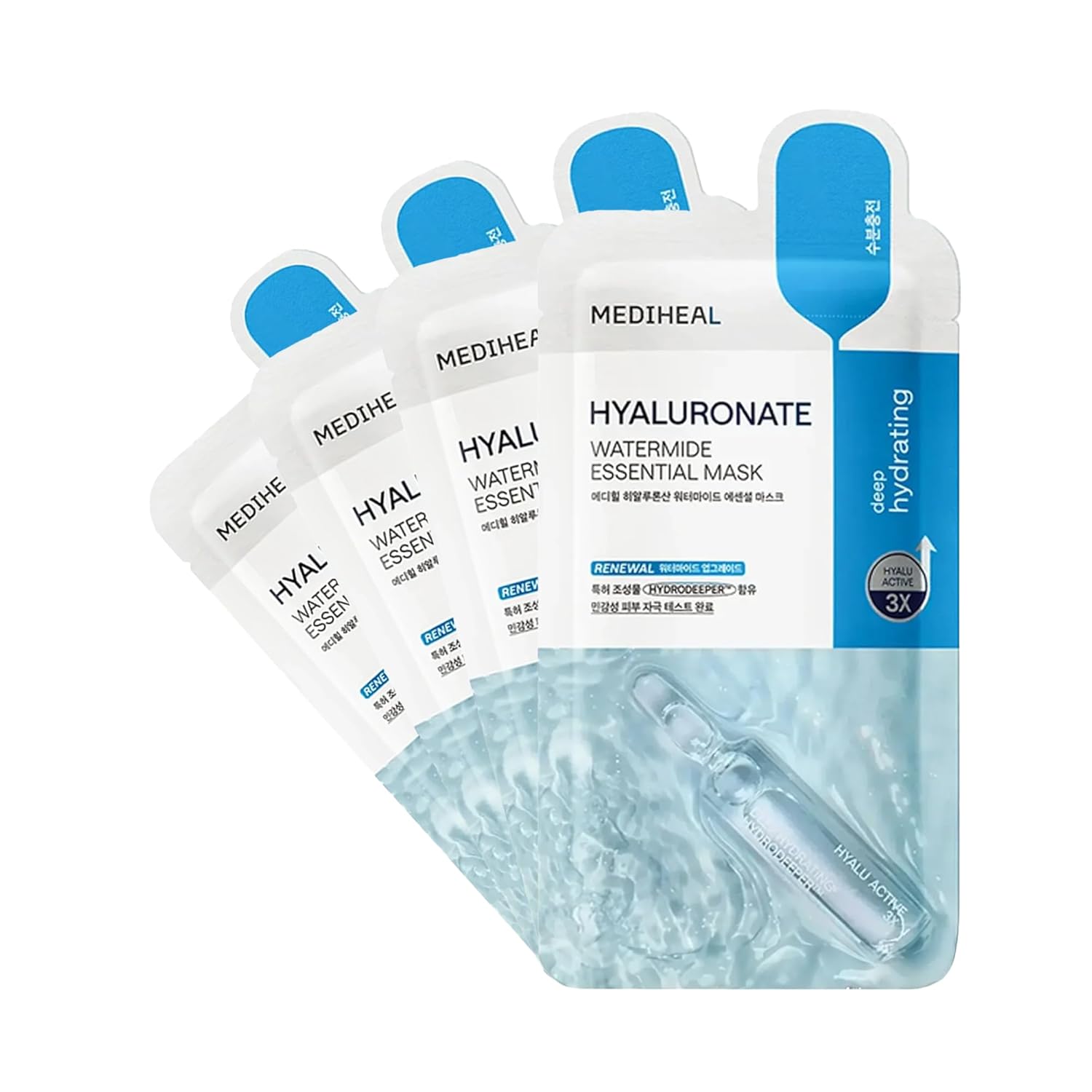 Mediheal Best Korean Hyaluronate Watermide Essential Face Mask - Hydrating and Moisturizing Sheet Masks With Hyalu Active 3x For All Skin Types (10 Count)