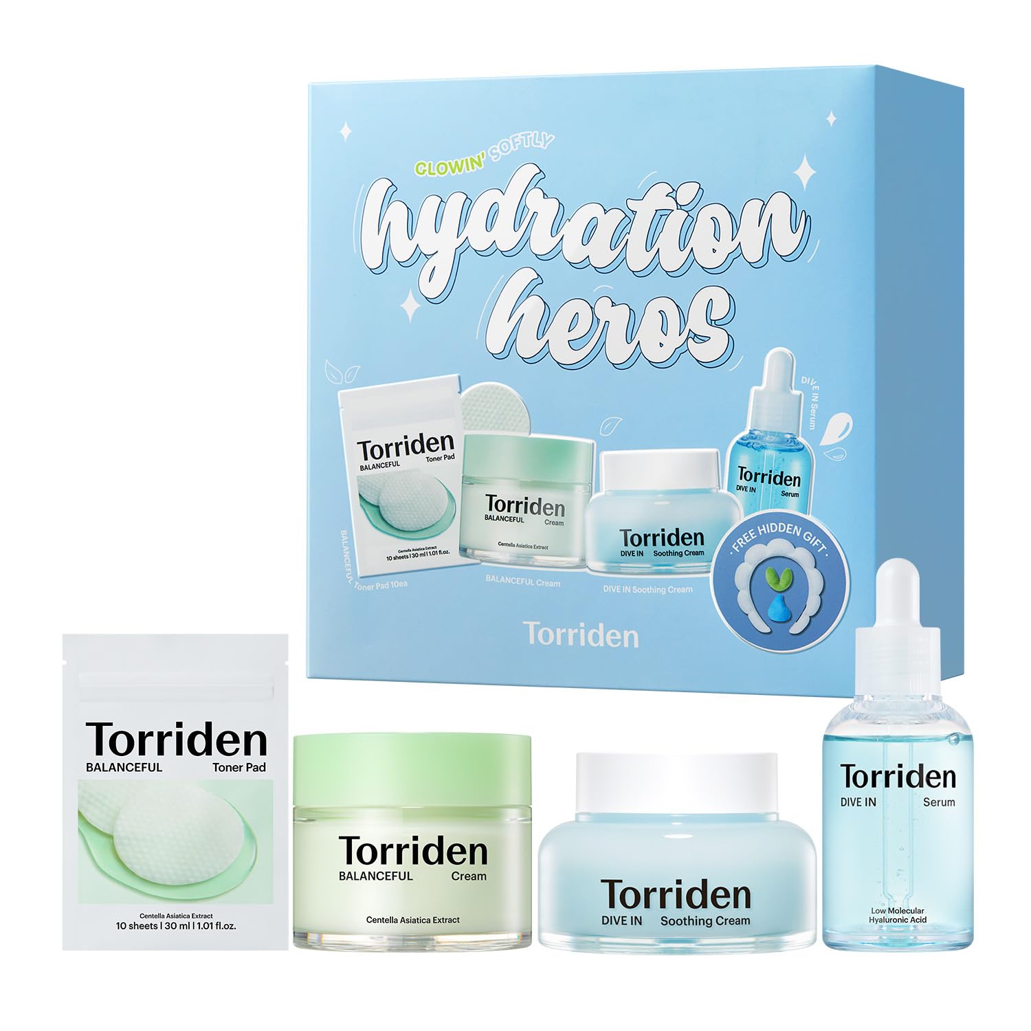 Torriden Softly Hydration Heroes DIVE IN Serum 1.69 fl.oz.+DIVE IN Soothing Cream 3.38 fl.oz+BALANCEFUL Cream 2.70 fl.oz.+BALANCEFUL Toner Pad 10 sheets | Korean Skincare Set for Hydration & Calming