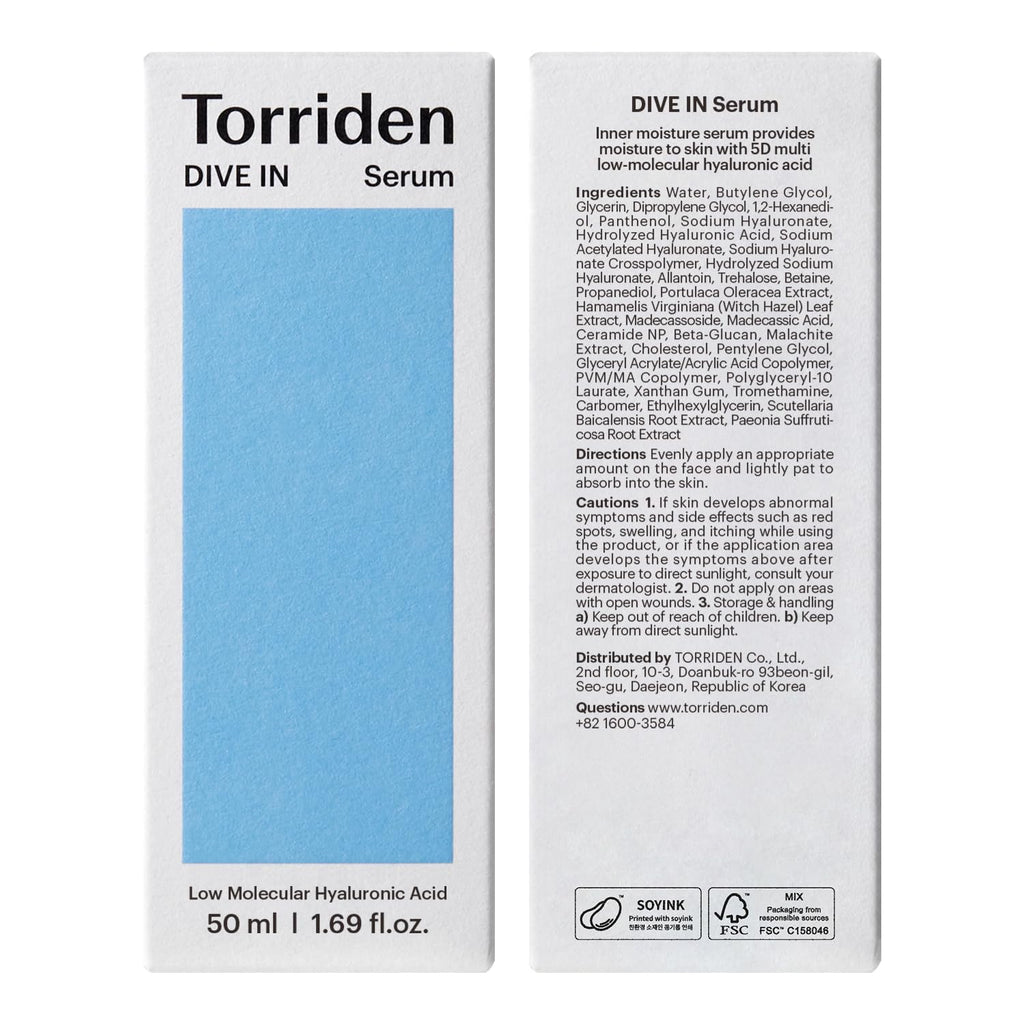 Torriden DIVE IN Hyaluronic Acid Serum 50ml(1.69 fl.oz.) * 2 (Pack of 2) | Deep Hydration to Get Glow Skin | Hyaluronic Acid, Panthenol, Allantoin | Korean Facial Serum