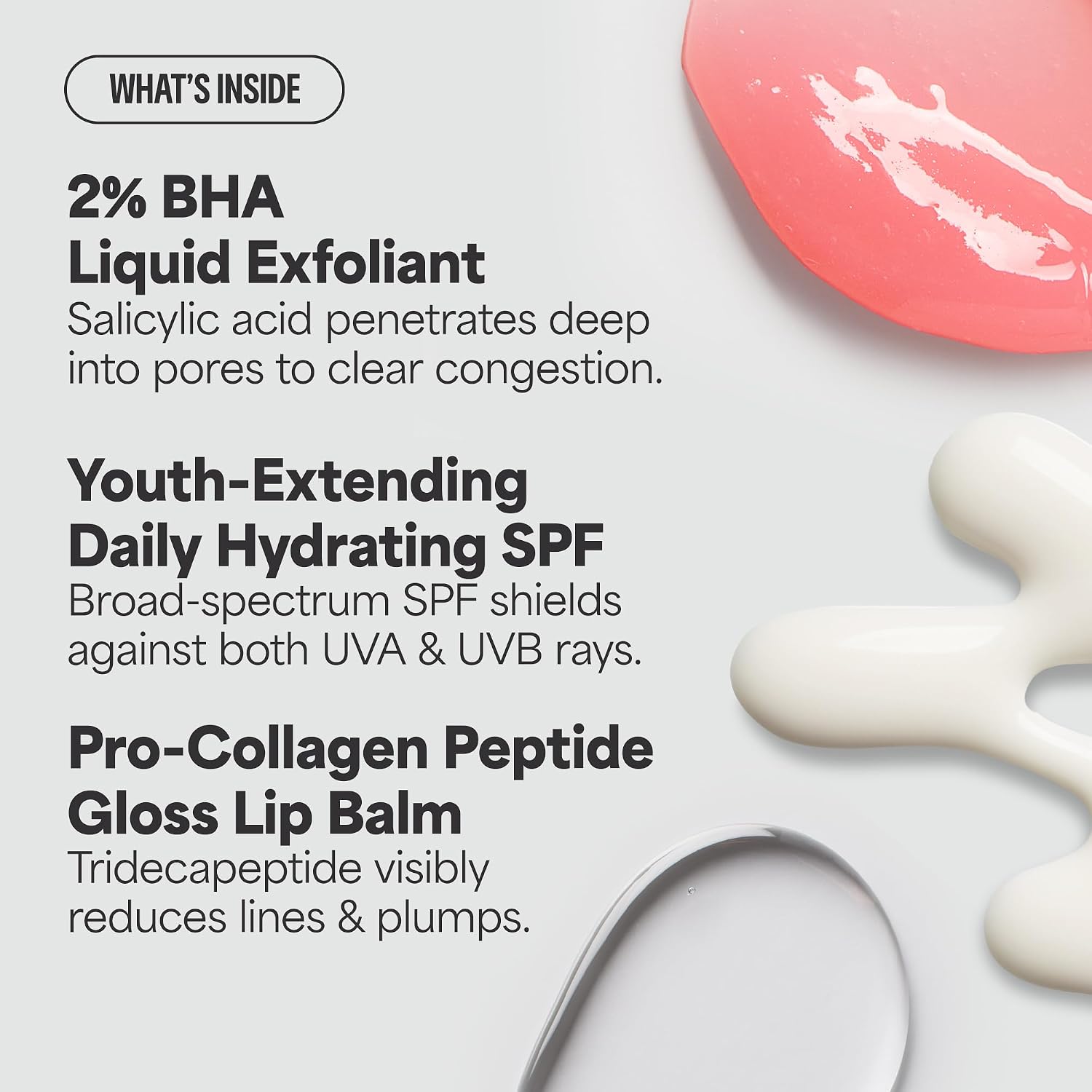Paula's Choice The Iconic Trio Kit with SPF 50, 2% BHA & Gloss Lip Balm | Travel Size SPF 50 Sunscreen Moisturizer, 2% BHA Liquid Exfoliant & Peptide Gloss Balm, Glow & Lip Care 3 Piece Set