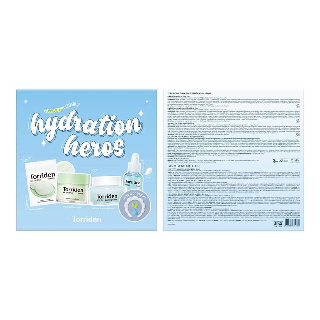 Torriden Softly Hydration Heroes DIVE IN Serum 1.69 fl.oz.+DIVE IN Soothing Cream 3.38 fl.oz+BALANCEFUL Cream 2.70 fl.oz.+BALANCEFUL Toner Pad 10 sheets | Korean Skincare Set for Hydration & Calming