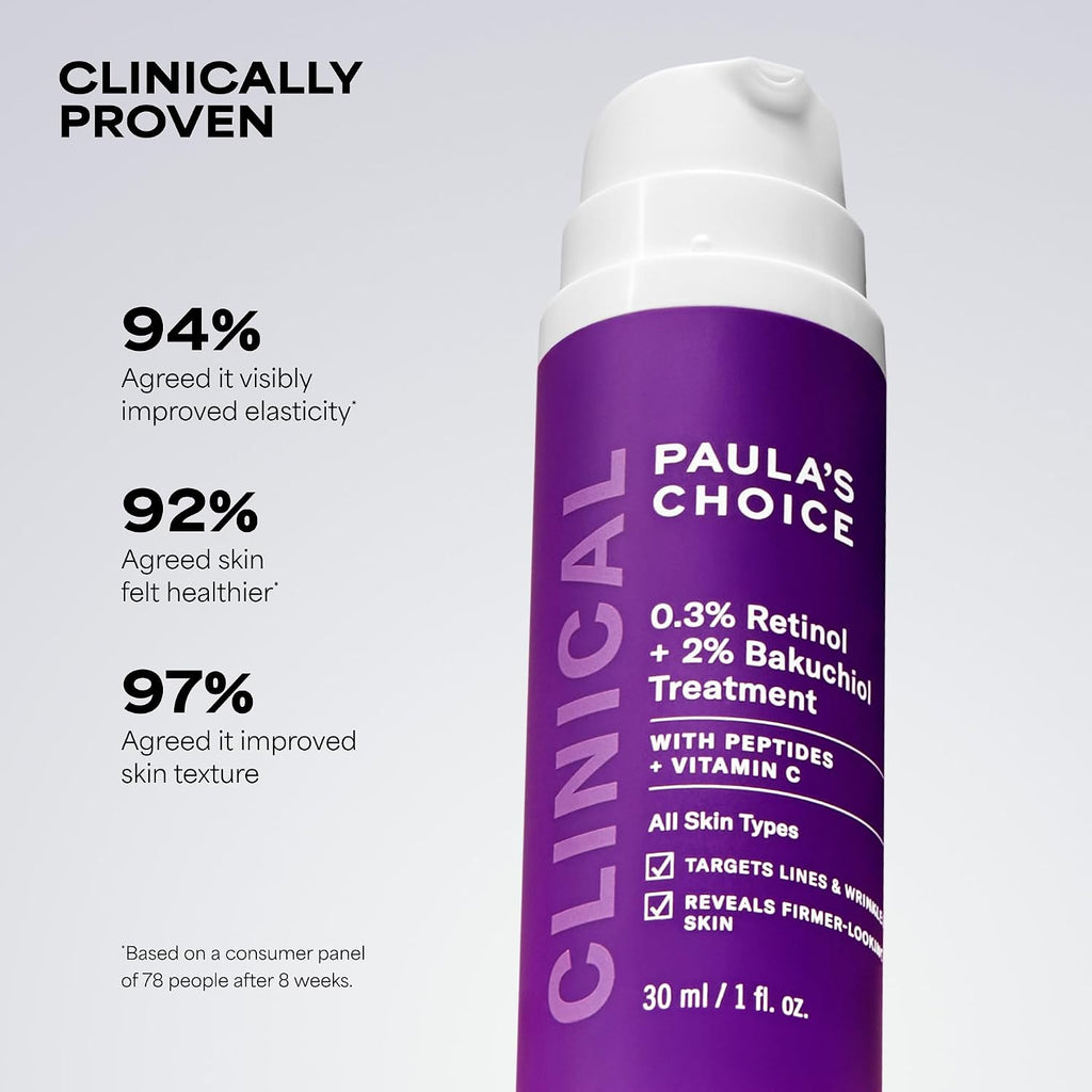 Paula's Choice CLINICAL 0.3% Retinol + 2% Bakuchiol Face Serum, 1 Fl Oz | Anti-Aging Serum with Ceramides, Hyaluronic Acid, Vitamin C & E for Deep Wrinkles & Fine Lines, Fragrance-Free