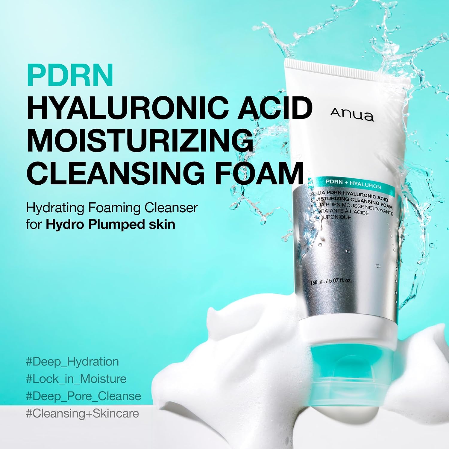 Anua PDRN Hyaluronic Acid Moisturizing Cleansing Foam, 5.07 fl oz | Daily Gentle Face Wash for Dry Skin, Salmon DNA Hydrating & Soft Facial Cleanser, Barrier Repair & Glow Glass Skin
