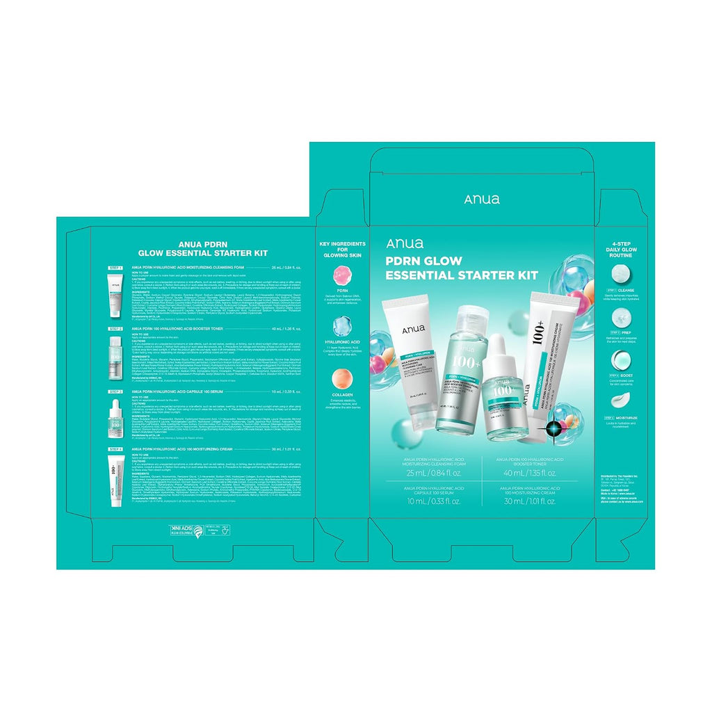 Anua Salmon DNA PDRN Glow Essential Starter Kit | Hyaluronic Acid Skincare Set, Glass Skin Routine with Firming & Hydrating Cleanser, Toner, Serum & Cream, Korean Skincare