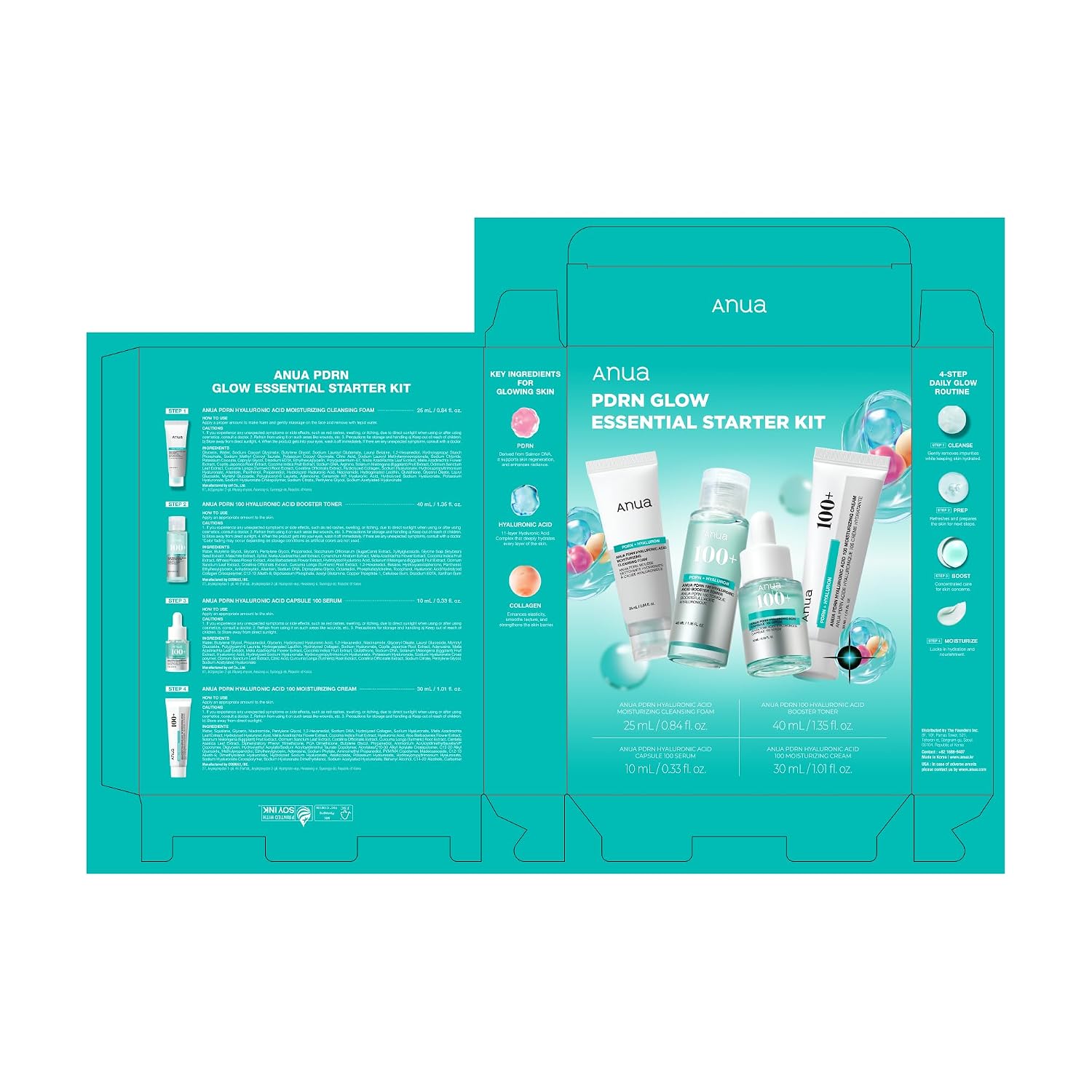 Anua Salmon DNA PDRN Glow Essential Starter Kit | Hyaluronic Acid Skincare Set, Glass Skin Routine with Firming & Hydrating Cleanser, Toner, Serum & Cream, Korean Skincare