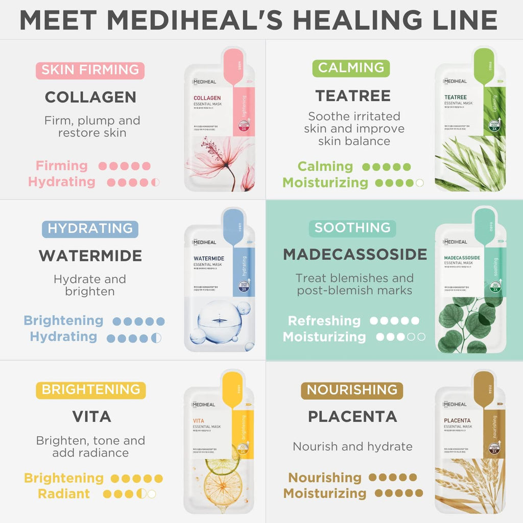Mediheal Best Korean Hyaluronate Watermide Essential Face Mask - Hydrating and Moisturizing Sheet Masks With Hyalu Active 3x For All Skin Types (10 Count)