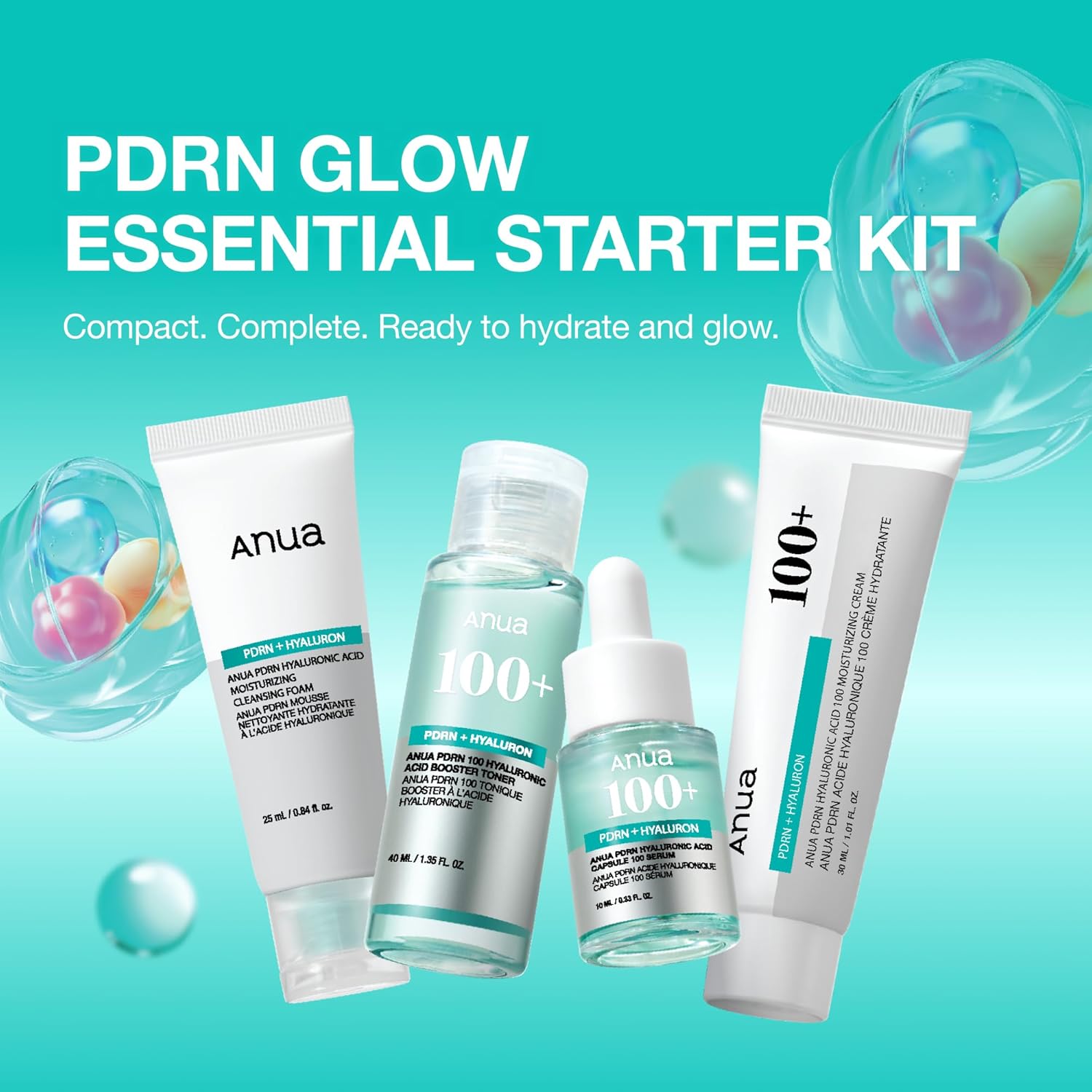 Anua Salmon DNA PDRN Glow Essential Starter Kit | Hyaluronic Acid Skincare Set, Glass Skin Routine with Firming & Hydrating Cleanser, Toner, Serum & Cream, Korean Skincare