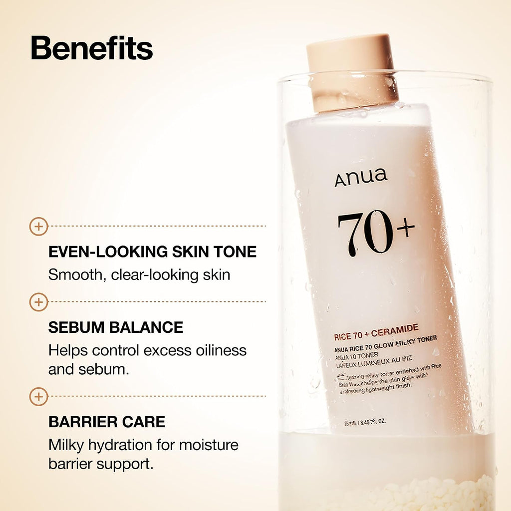 Anua Rice 70 Glow Milky Toner, Non Comedogenic, Korean Skincare, 8.45 fl.oz | Glass & Dewy Skin, Hydrating & Barrier Care, Rice Water, Niacinamide, Ceramides, All Skin Types, Fragrance-Free