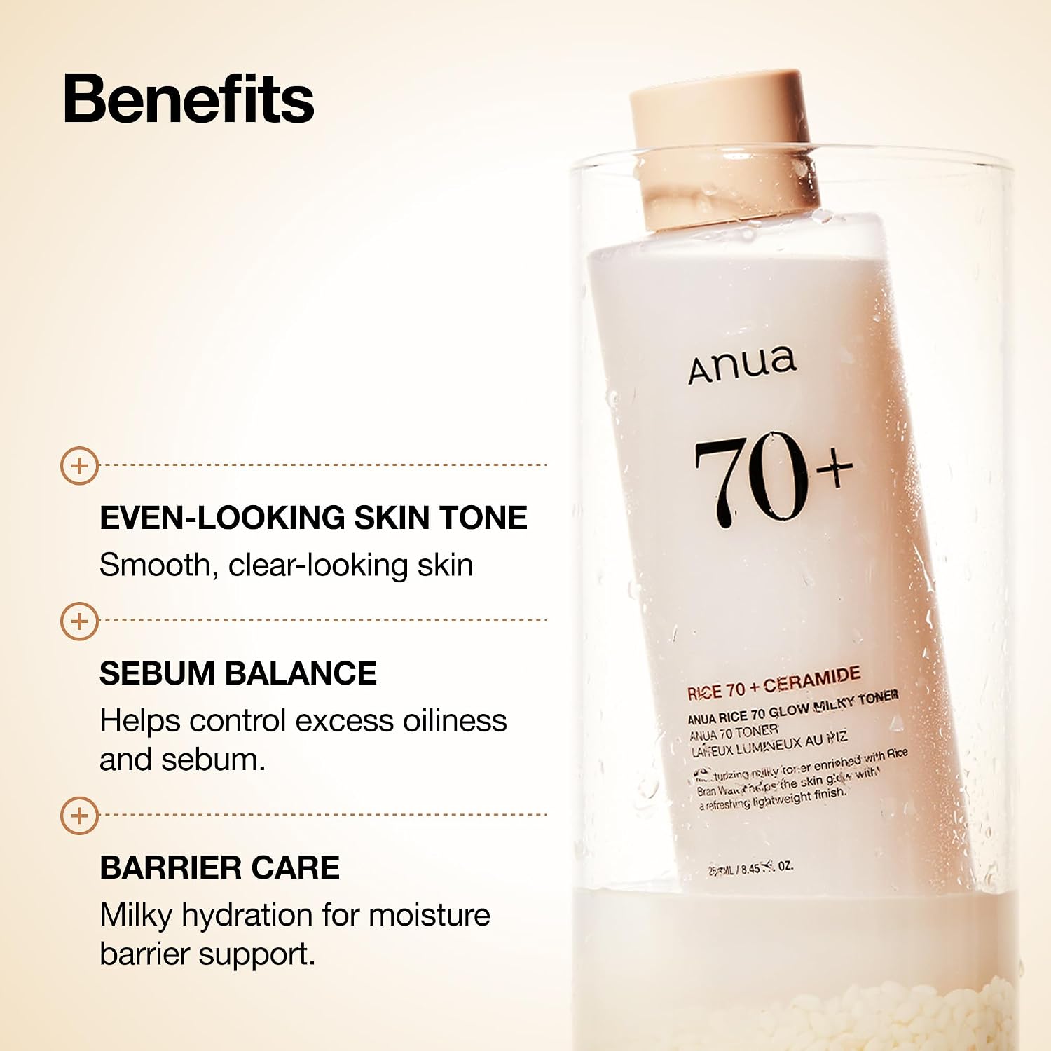 Anua Rice 70 Glow Milky Toner, Non Comedogenic, Korean Skincare, 8.45 fl.oz | Glass & Dewy Skin, Hydrating & Barrier Care, Rice Water, Niacinamide, Ceramides, All Skin Types, Fragrance-Free