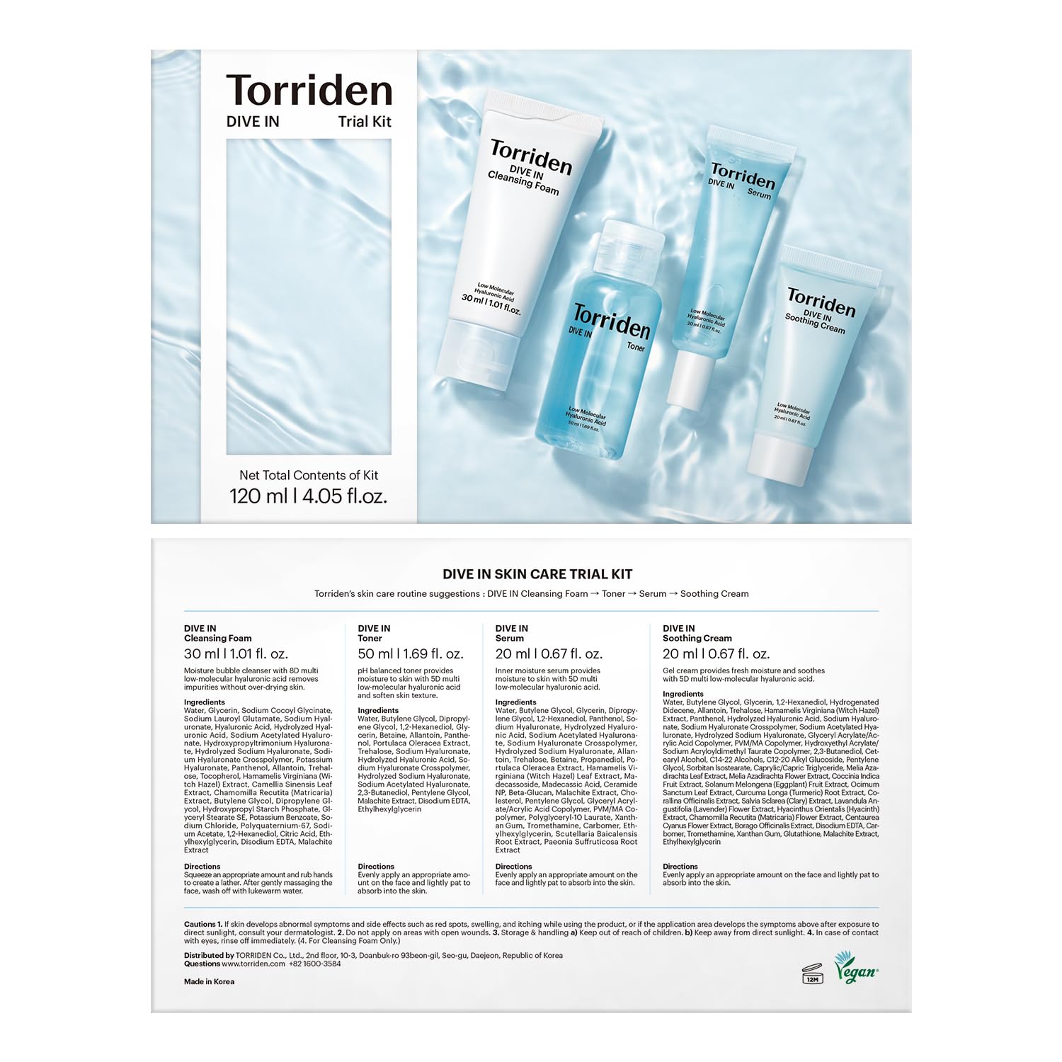 Torriden DIVE IN Trial Kit | Hyaluronic Acid Infused Daily Skincare Kit - 4 Step Regimen with Foam Cleanser, Facial Toner, Serum, and Cream | Travel Essential | Korean Skin Care Set