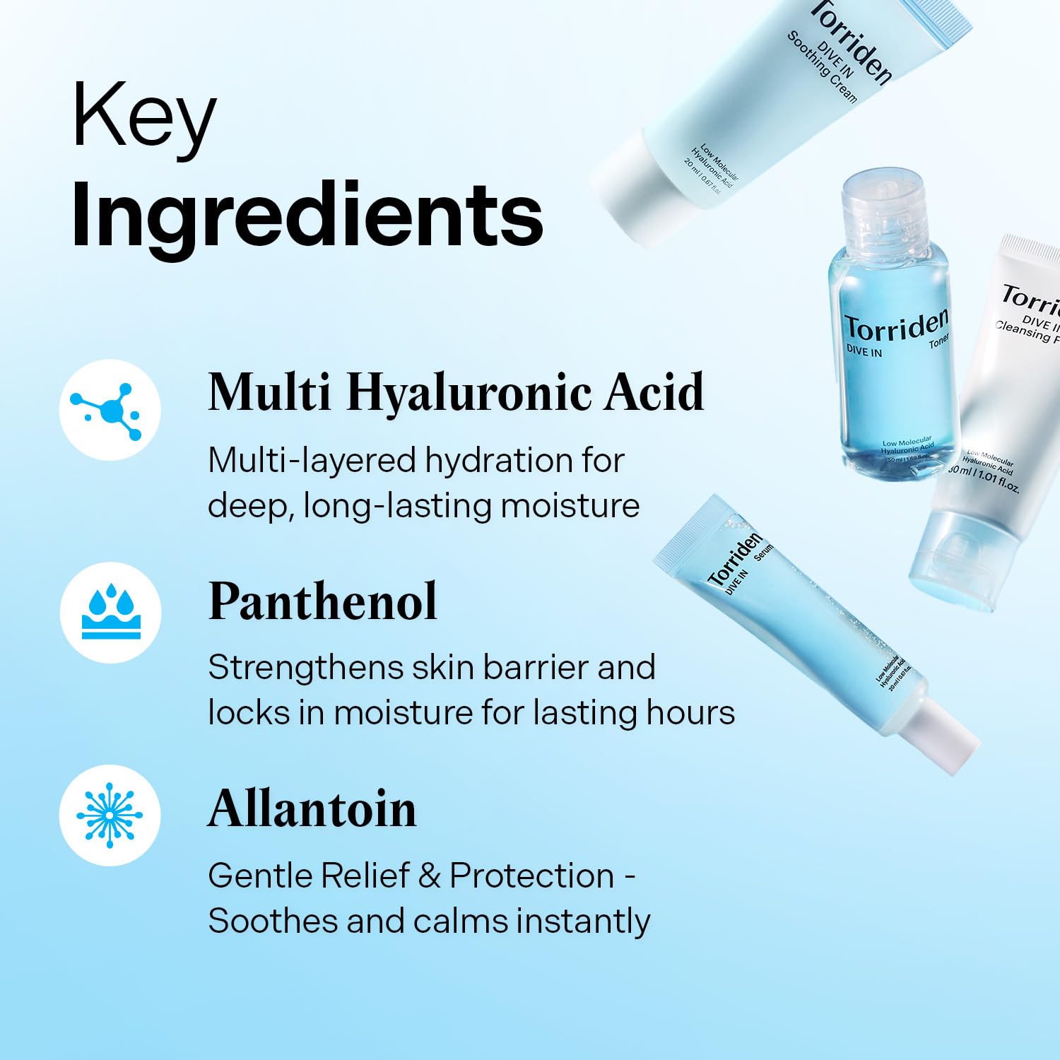 Torriden DIVE IN Trial Kit | Hyaluronic Acid Infused Daily Skincare Kit - 4 Step Regimen with Foam Cleanser, Facial Toner, Serum, and Cream | Travel Essential | Korean Skin Care Set