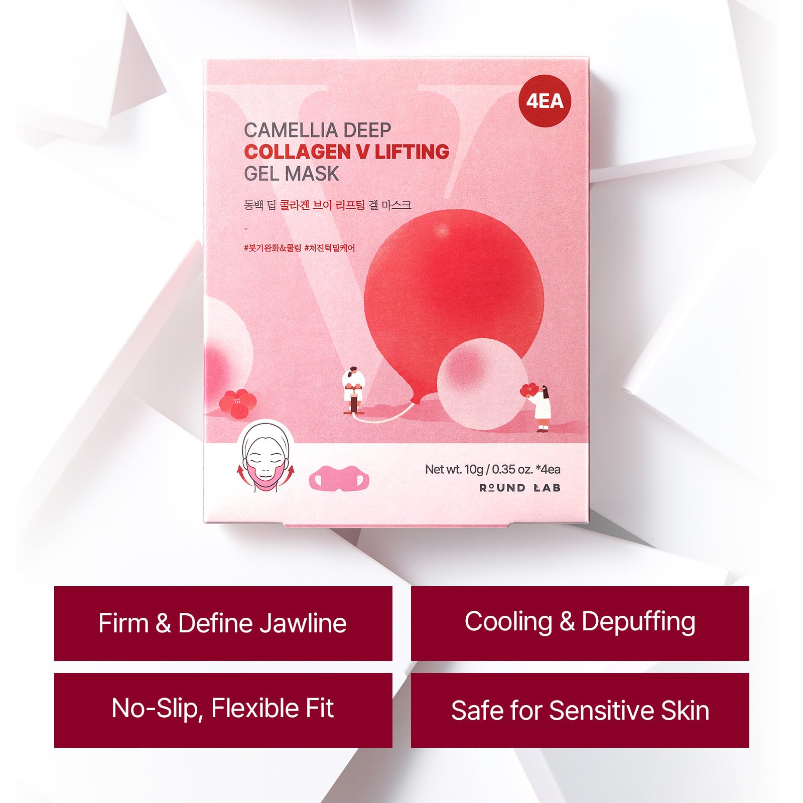 ROUND LAB Camellia Deep Collagen V Lifting Gel Mask 14ea | Double-chin Turkey Neck Instant Face Lifting Mask, Cooling and Depuffing Face Toning Belt, Firming Sagging Skin, Korean Skin Care, 10g/0.35oz