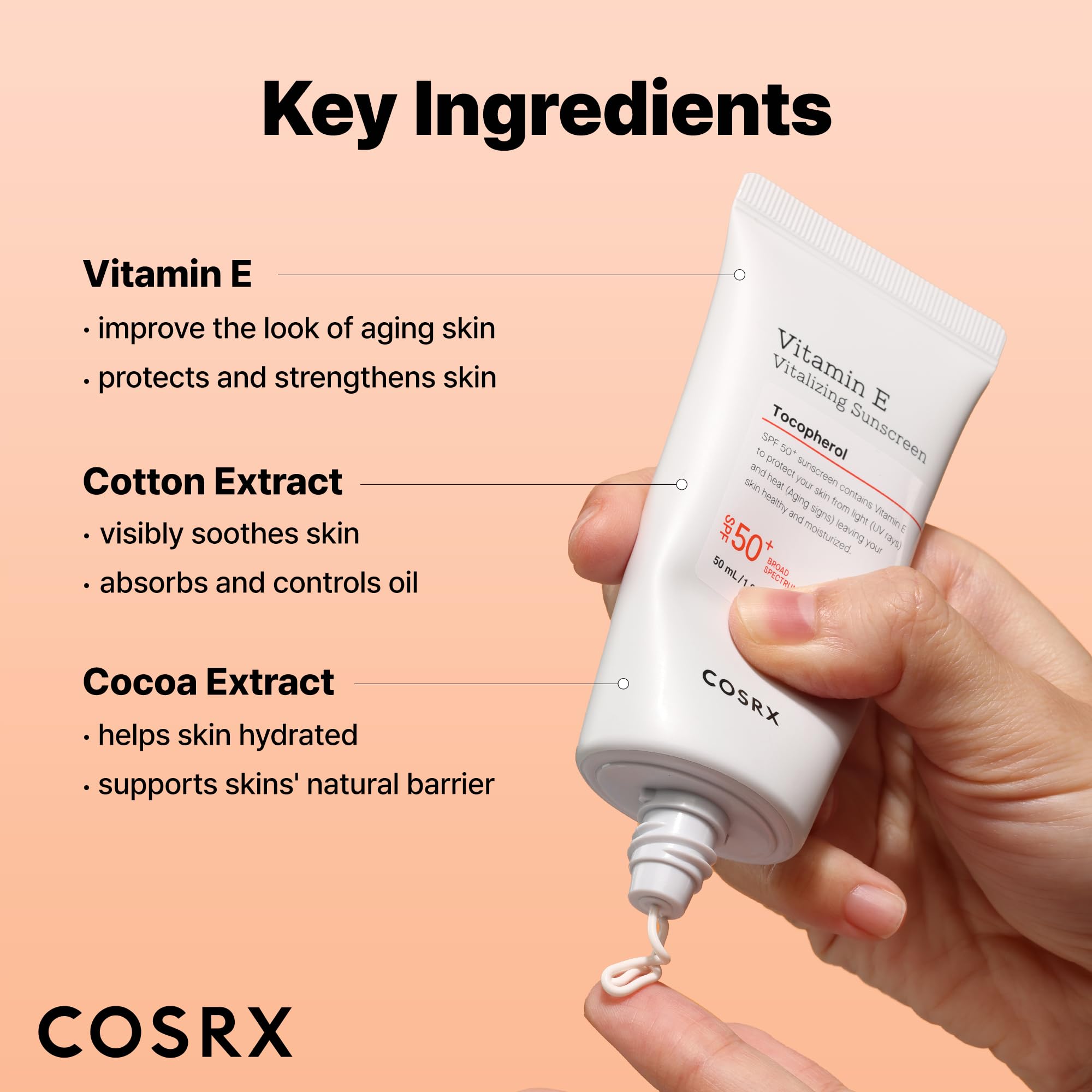 COSRX Vitamin E Sunscreen SPF 50, Natural Glow, for Oily Skin, 1.69 fl oz