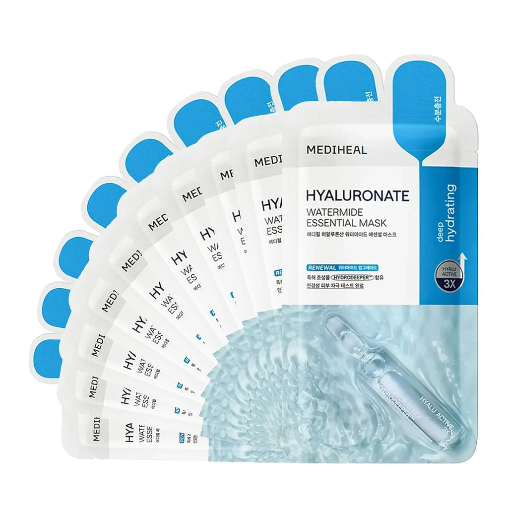 Mediheal Best Korean Hyaluronate Watermide Essential Face Mask - Hydrating and Moisturizing Sheet Masks With Hyalu Active 3x For All Skin Types (10 Count)