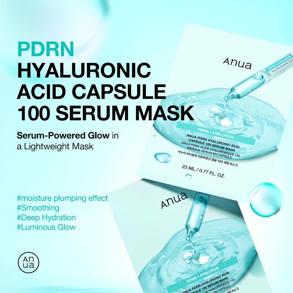 Anua PDRN Hyaluronic Acid Capsule 100 Serum Mask, 10ea | Hydrating & Soothing Face Mask for Glass Skin, Dewy Glow and Firm Looking Skin, Salmon DNA & Collagen, Lightweight Texture
