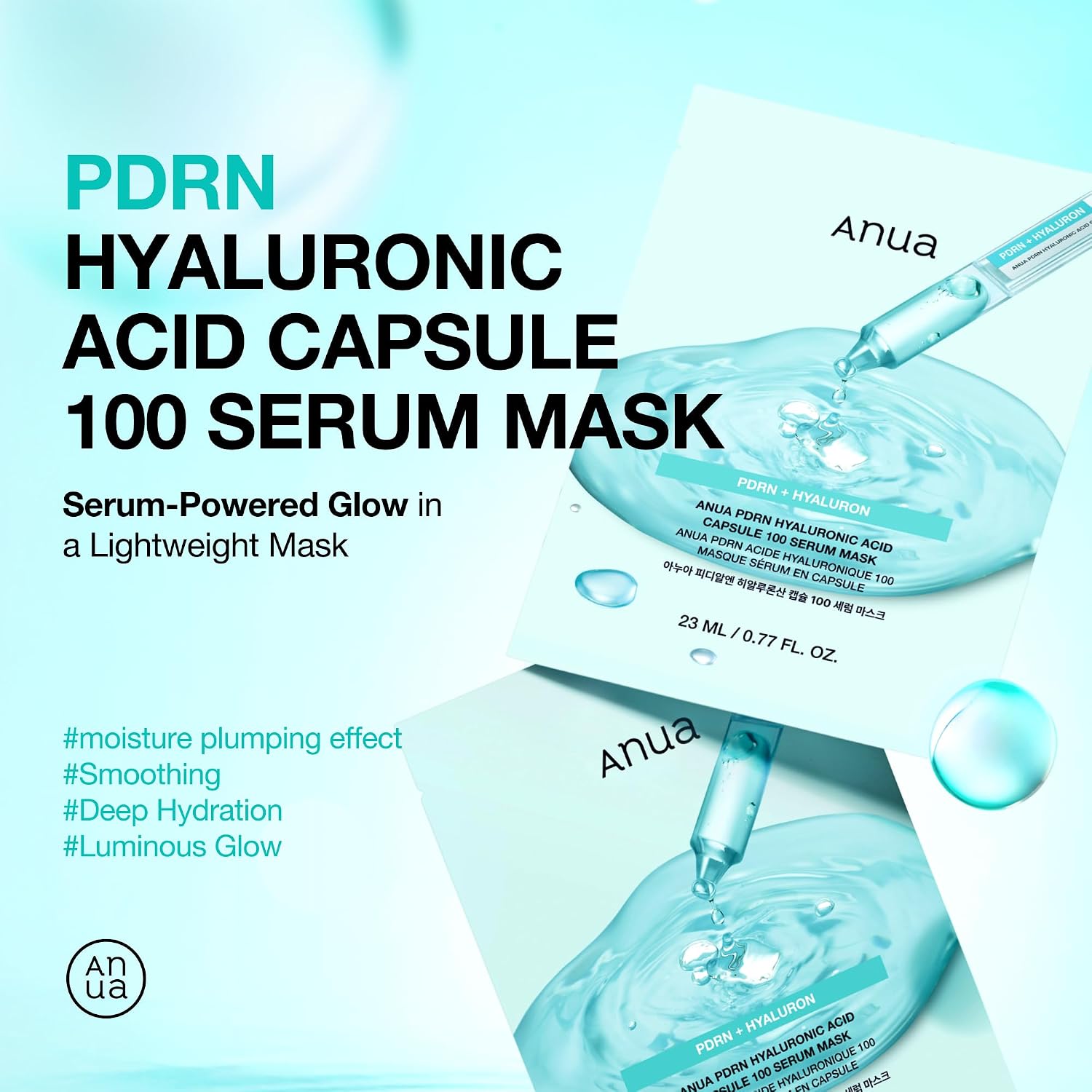 Anua PDRN Hyaluronic Acid Capsule 100 Serum Mask, 10ea | Hydrating & Soothing Face Mask for Glass Skin, Dewy Glow and Firm Looking Skin, Salmon DNA & Collagen, Lightweight Texture