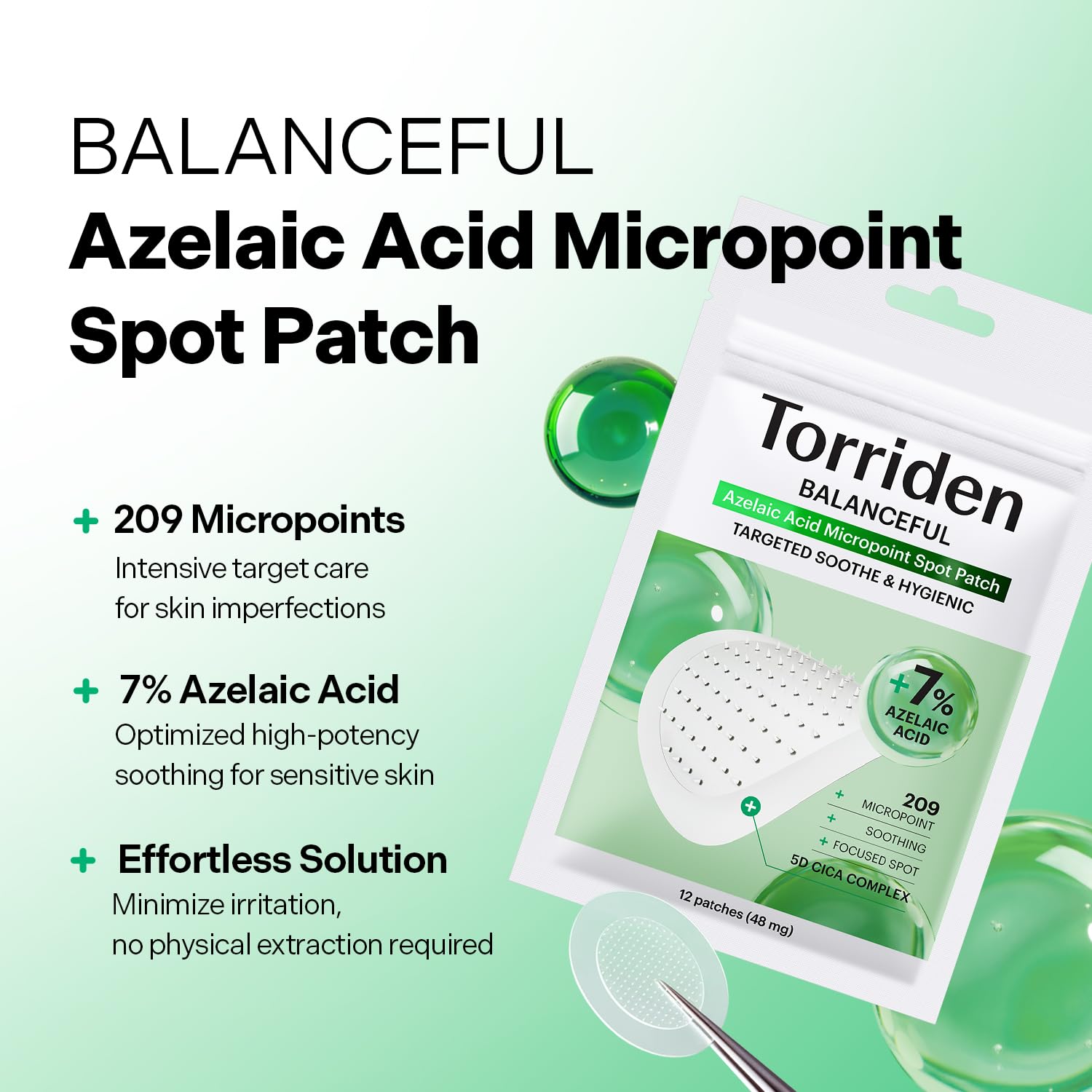 Torriden BALANCEFUL Azelaic Acid Micropoint Spot Patch (12 patches) | Blemish Care with Micropoints & 5D Cica | Redness & Post-Blemish Marks care | Korean Skincare