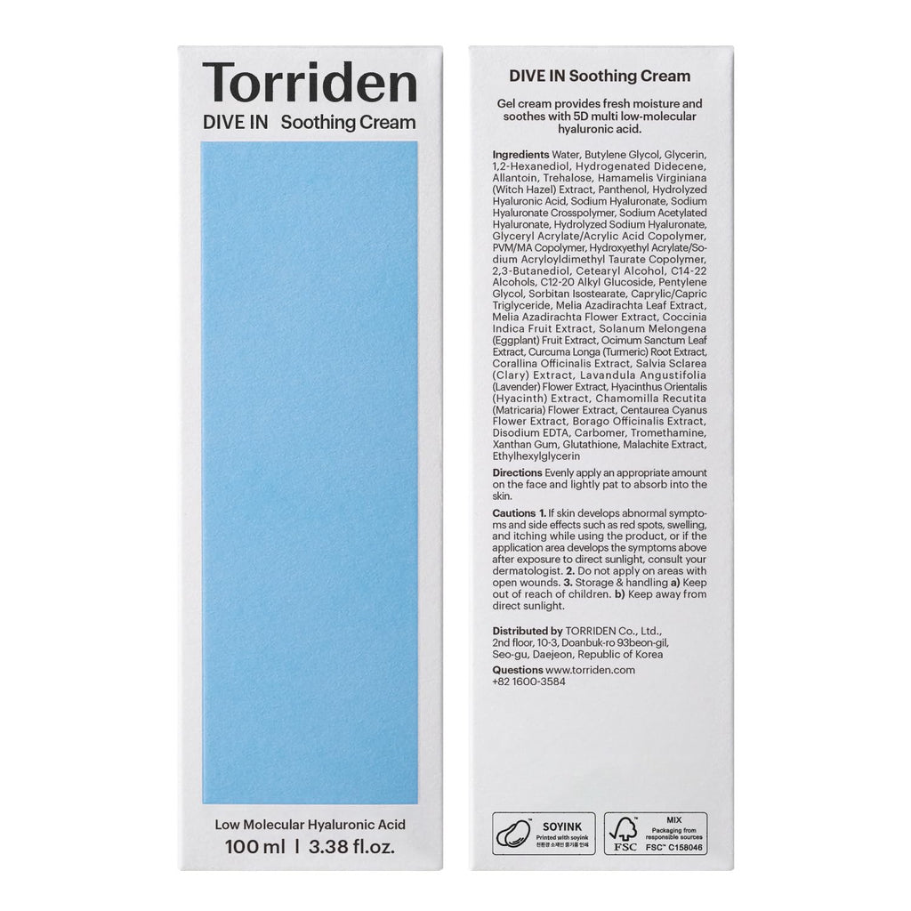 Torriden DIVE IN Hyaluronic Acid Soothing Cream 100ml (3.38 fl. oz) | Revitalizing Facial Moisturizer for Sensitive and Dry Skin | Hyaluronic Acid, Panthenol, Allantoin
