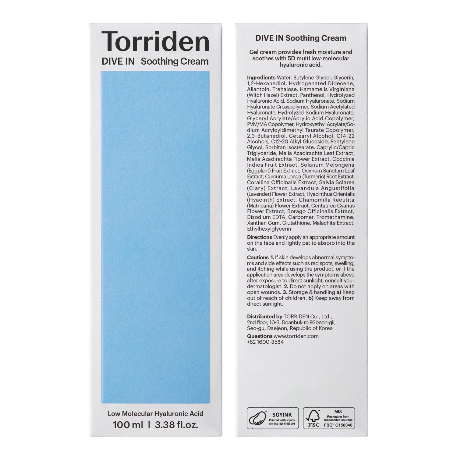Torriden DIVE IN Hyaluronic Acid Soothing Cream 100ml (3.38 fl. oz) | Revitalizing Facial Moisturizer for Sensitive and Dry Skin | Hyaluronic Acid, Panthenol, Allantoin
