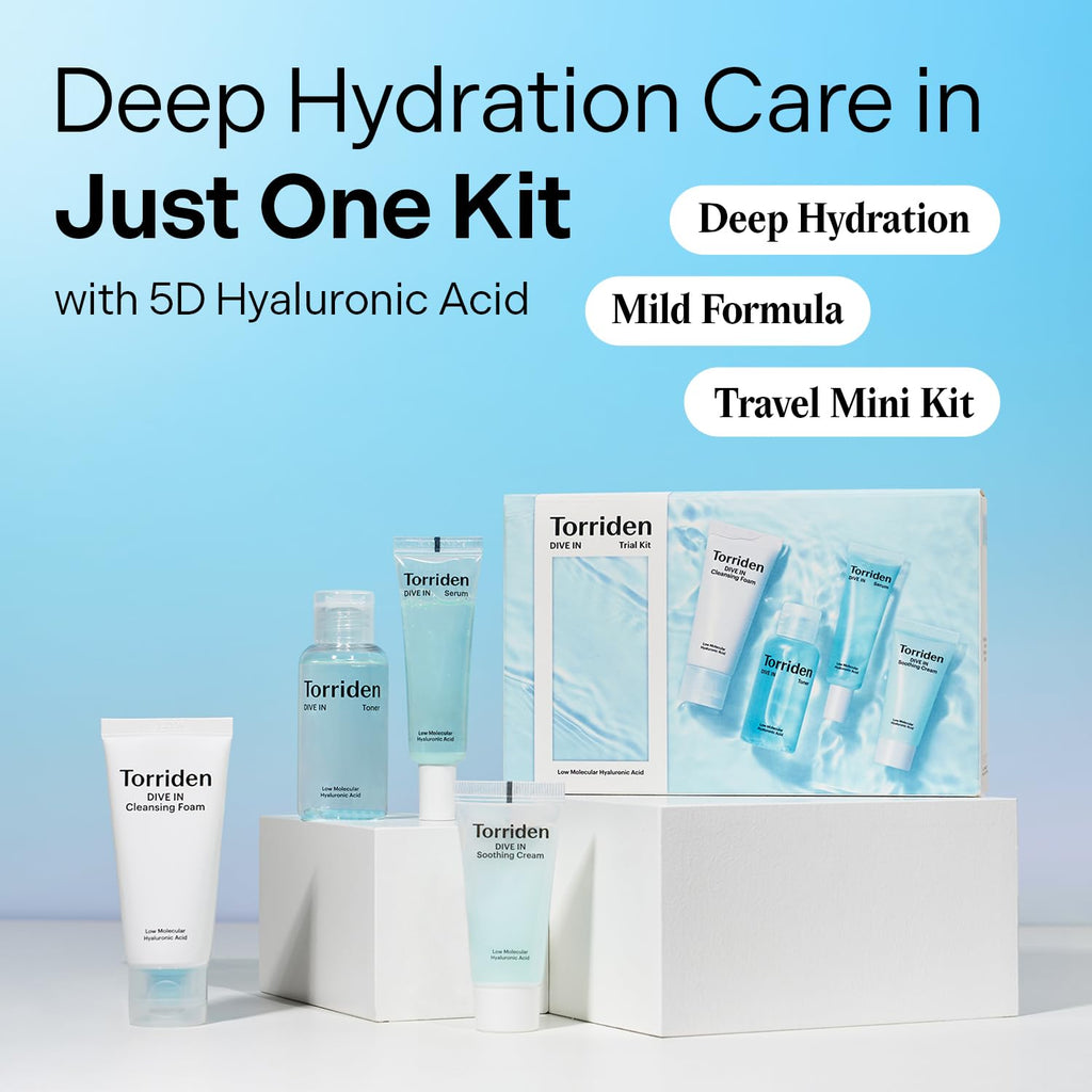 Torriden DIVE IN Trial Kit | Hyaluronic Acid Infused Daily Skincare Kit - 4 Step Regimen with Foam Cleanser, Facial Toner, Serum, and Cream | Travel Essential | Korean Skin Care Set