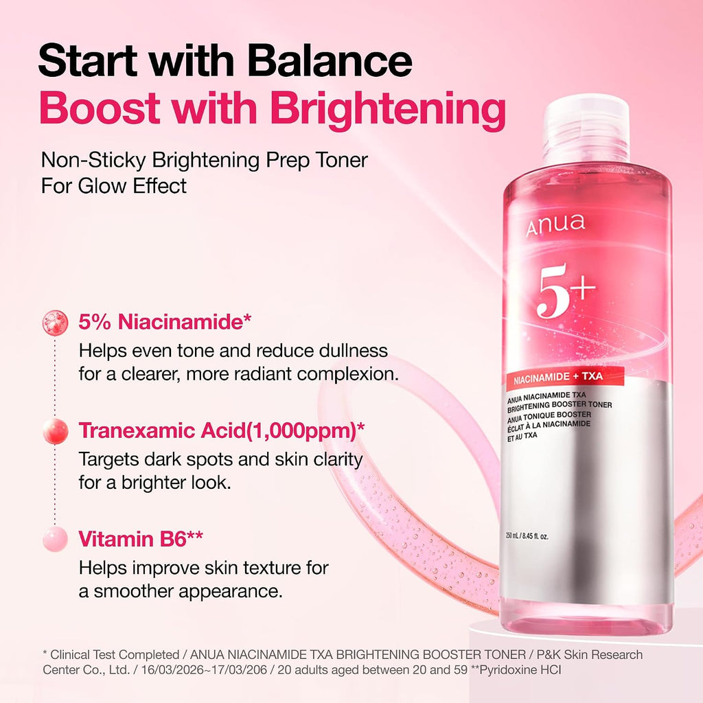 Anua Niacinamide Tranexamic Acid Brightening Booster Toner, 8.45 fl oz | Lightweight Pink Essence Toner for Dark Spot Care, Glow & Skin Clarity, Korean Skincare