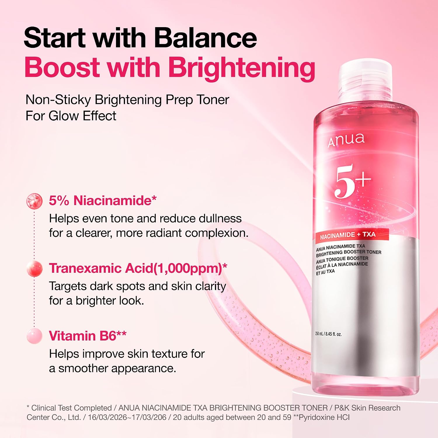 Anua Niacinamide Tranexamic Acid Brightening Booster Toner, 8.45 fl oz | Lightweight Pink Essence Toner for Dark Spot Care, Glow & Skin Clarity, Korean Skincare