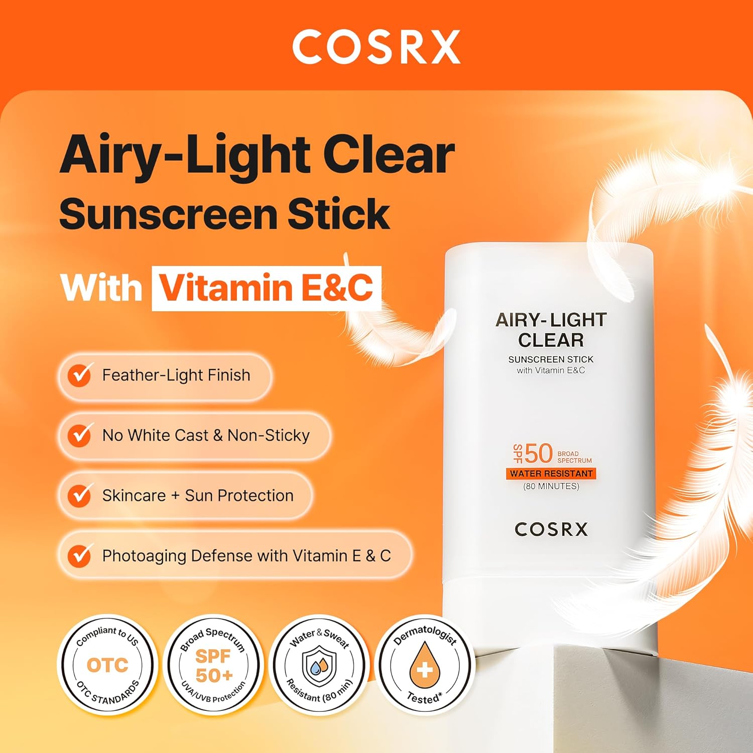 COSRX Airy-Light Clear Sunscreen Stick with Vitamin E&C, SPF 50, 0.67 oz | Korean Suncreen Stick Suncare Sunblock, Lightweight, No White Cast, Water resistant, Oil Control Matte Sunscreen for Face