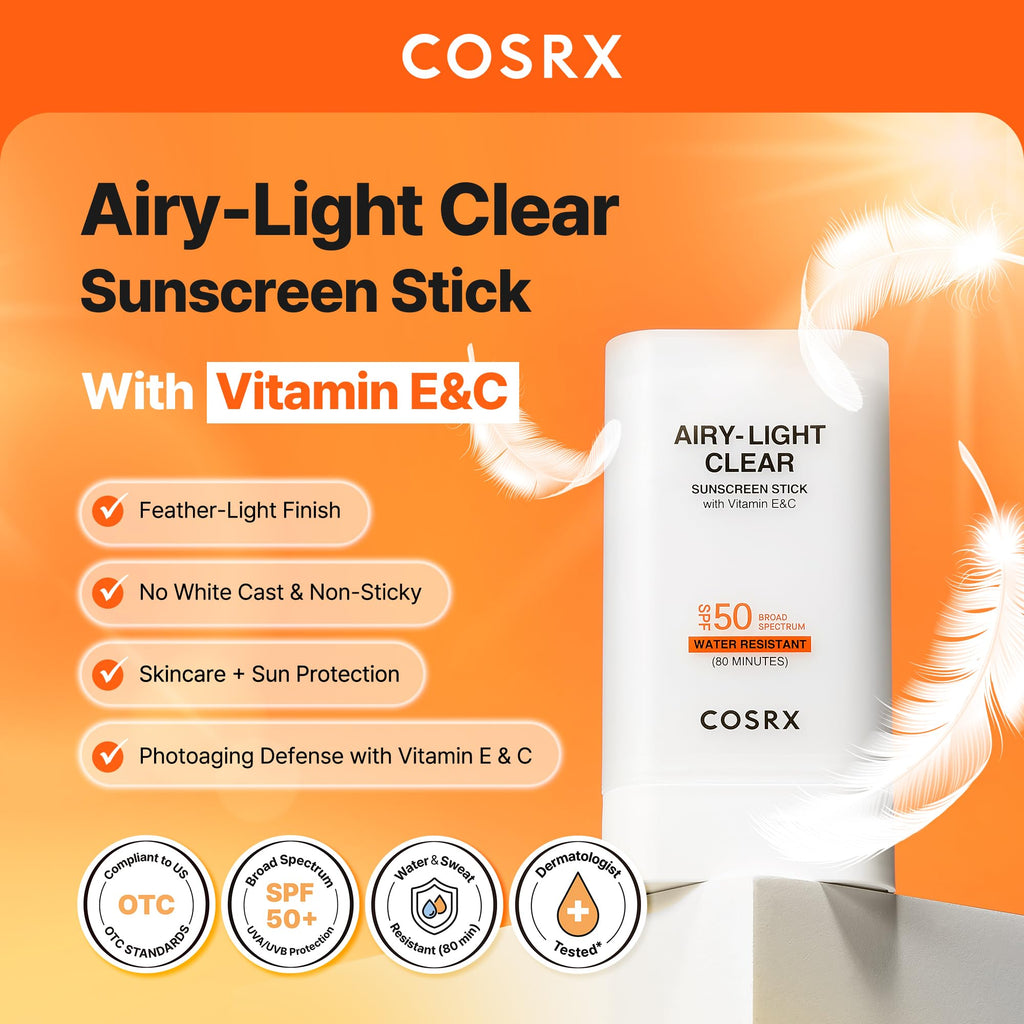 COSRX Airy-Light Clear Sunscreen Stick with Vitamin E&C, SPF 50, 0.67 oz | Korean Suncreen Stick Suncare Sunblock, Lightweight, No White Cast, Water resistant, Oil Control Matte Sunscreen for Face