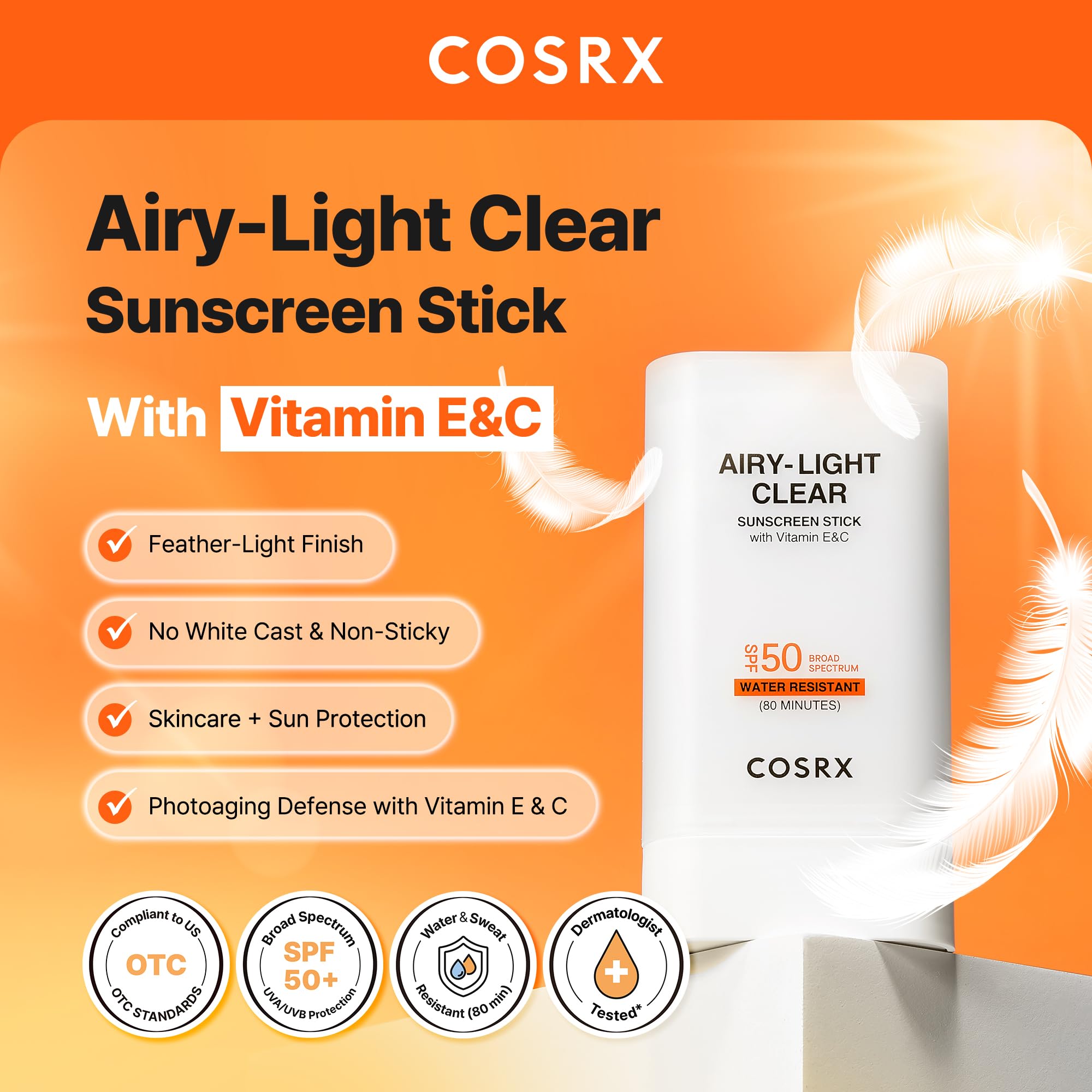 COSRX Airy-Light Clear Sunscreen Stick with Vitamin E&C, SPF 50, 0.67 oz | Korean Suncreen Stick Suncare Sunblock, Lightweight, No White Cast, Water resistant, Oil Control Matte Sunscreen for Face