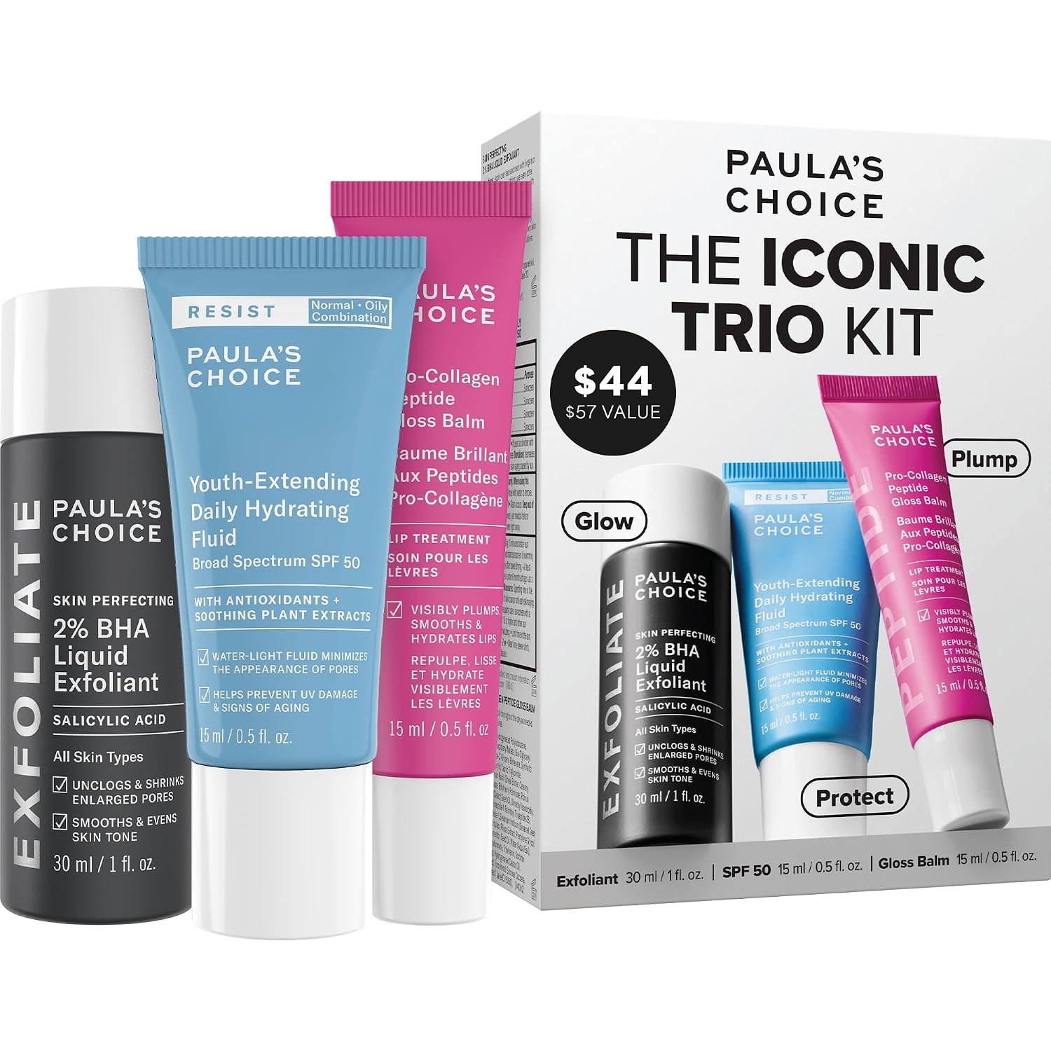 Paula's Choice The Iconic Trio Kit with SPF 50, 2% BHA & Gloss Lip Balm | Travel Size SPF 50 Sunscreen Moisturizer, 2% BHA Liquid Exfoliant & Peptide Gloss Balm, Glow & Lip Care 3 Piece Set