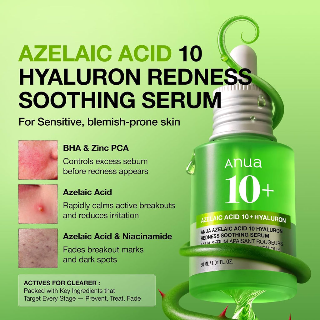 Anua Azelaic Acid 10 Hyaluron Redness Soothing Serum, 1.01 fl oz | Facial Serum for Blemish-Prone & Oily-Prone Skin, Lightweight & Hydrating Blemish Care, Hyaluronic Acid, Korean Skincare