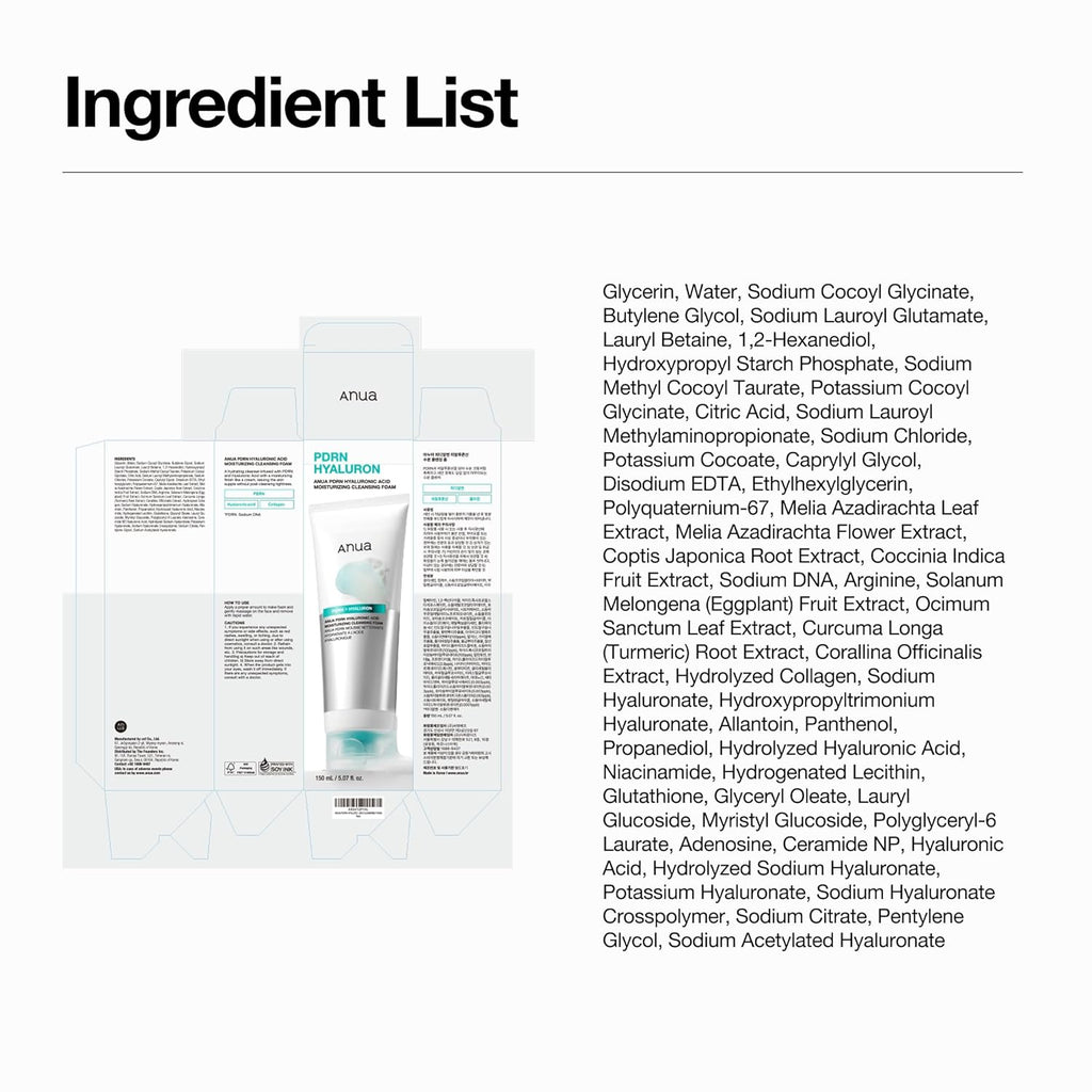 Anua PDRN Hyaluronic Acid Moisturizing Cleansing Foam, 5.07 fl oz | Daily Gentle Face Wash for Dry Skin, Salmon DNA Hydrating & Soft Facial Cleanser, Barrier Repair & Glow Glass Skin
