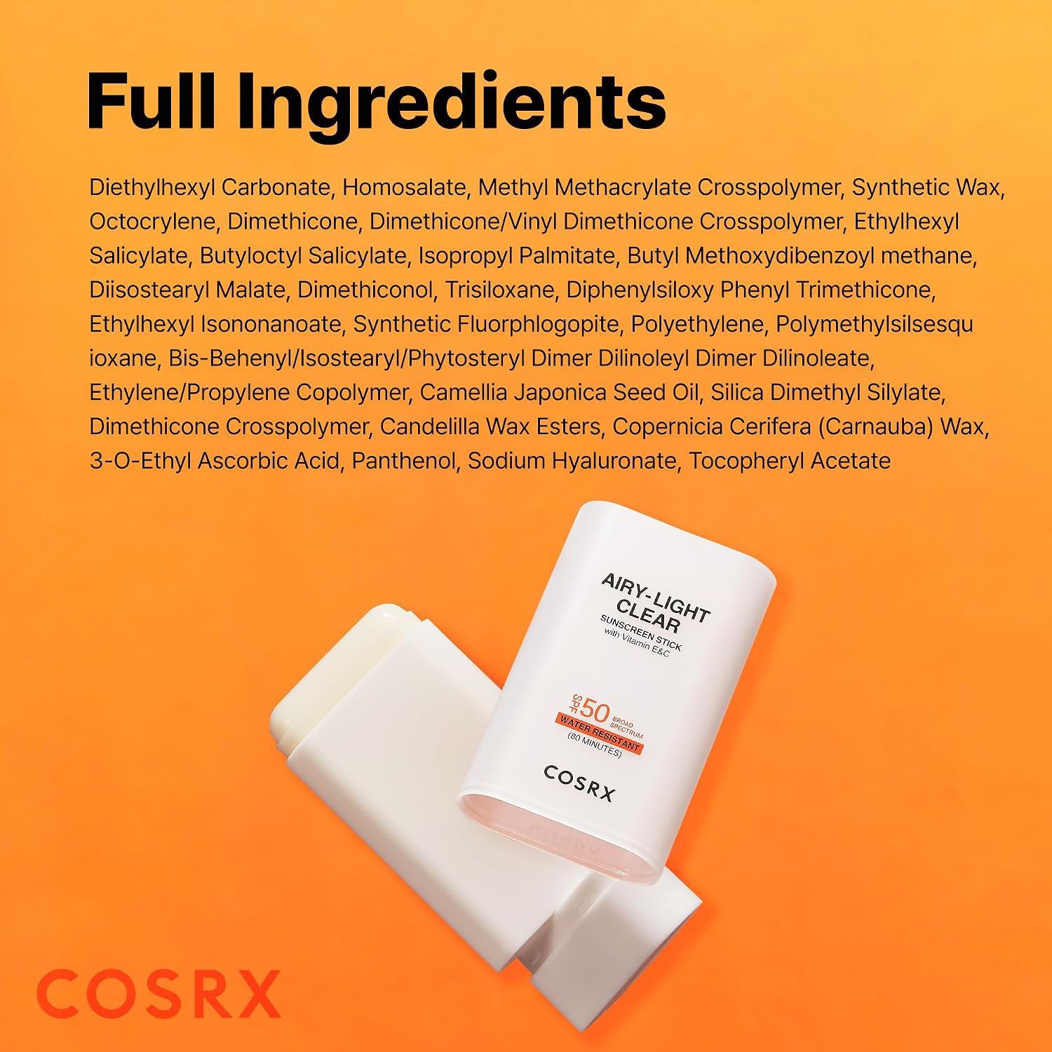 COSRX Airy-Light Clear Sunscreen Stick with Vitamin E&C, SPF 50, 0.67 oz | Korean Suncreen Stick Suncare Sunblock, Lightweight, No White Cast, Water resistant, Oil Control Matte Sunscreen for Face