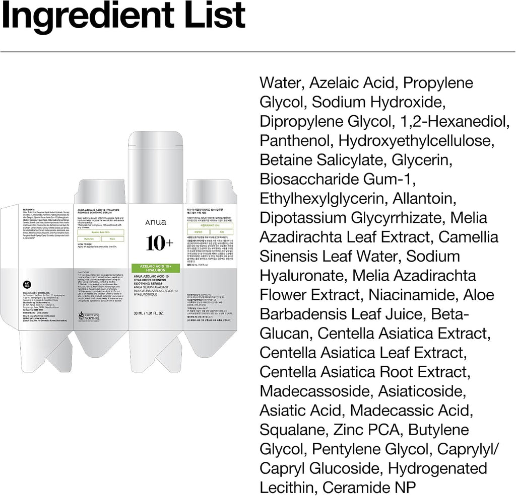 Anua Azelaic Acid 10 Hyaluron Redness Soothing Serum, 1.01 fl oz | Facial Serum for Blemish-Prone & Oily-Prone Skin, Lightweight & Hydrating Blemish Care, Hyaluronic Acid, Korean Skincare