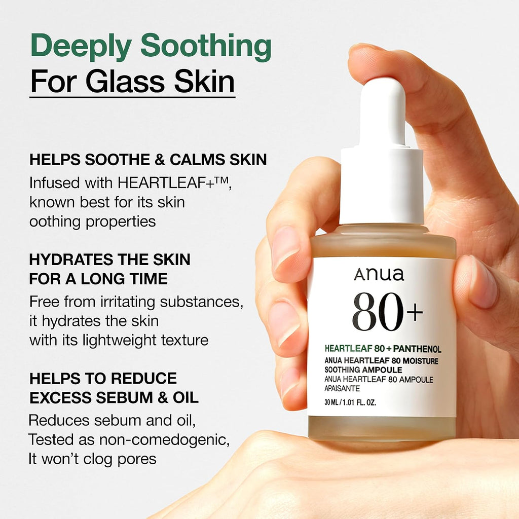 Anua Heartleaf 80 Soothing Ampoule, 1.01 fl.oz | Hydrating Facial Serum for Glass Skin, Hyaluronic Acid, Panthenol, Lightweight, Non-Greasy Formula, Korean Skincare